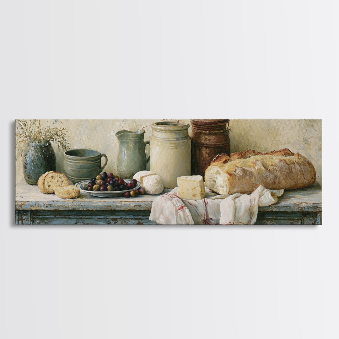 Rustic Bread Olives and Cheese Still Life Canvas Print, Dining Room Art, Dining Room Decor, Watercolor Art, Dining, DRA-3x1-94