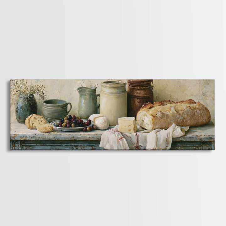 Rustic Bread Olives and Cheese Still Life Canvas Print, Dining Room Art, Dining Room Decor, Watercolor Art, Dining, DRA-3x1-94