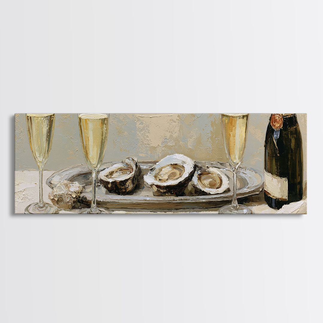 Elegant Oyster and Champagne Still Life Canvas Print, Dining Room Art, Gallery Decor, Dining Room Decor, Oil Painting, Dining, DRA-3x1-95