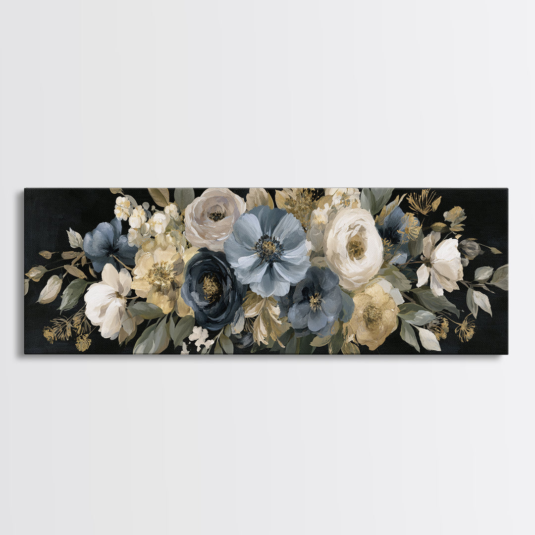 Moody Dark Background Bouquet for Formal Dining Framed Canvas Print, Dining Room Art, Wall Decor, Dining Room Decor, Dining, DRA-3x1-99
