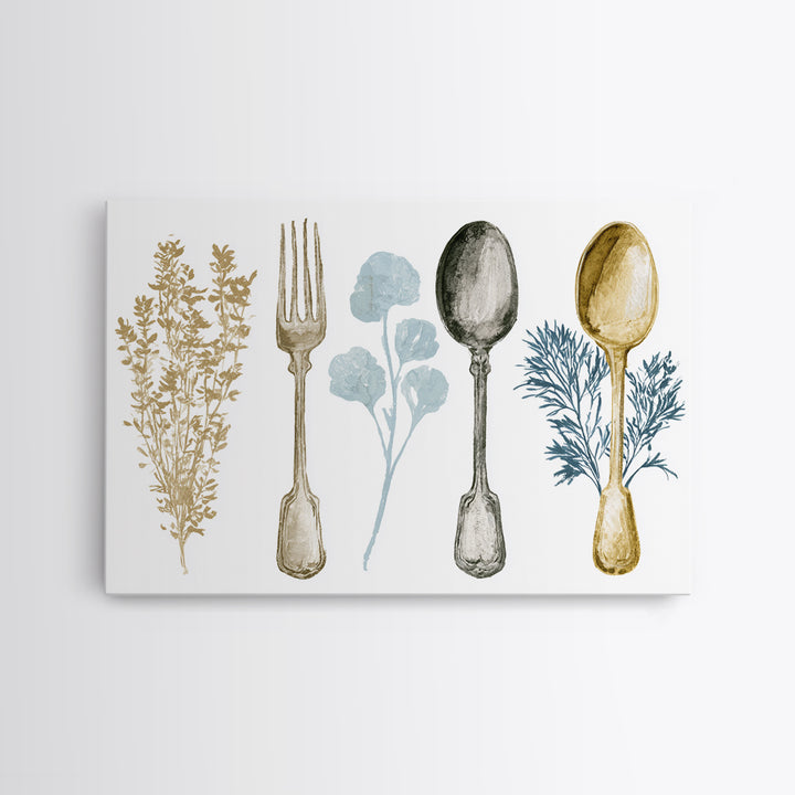 Minimal Fork Spoon and Herb Composition Framed Canvas Print, Dining Room Art, Minimalist Decor, Dining Room Decor, Dining, DRA-3x2-2