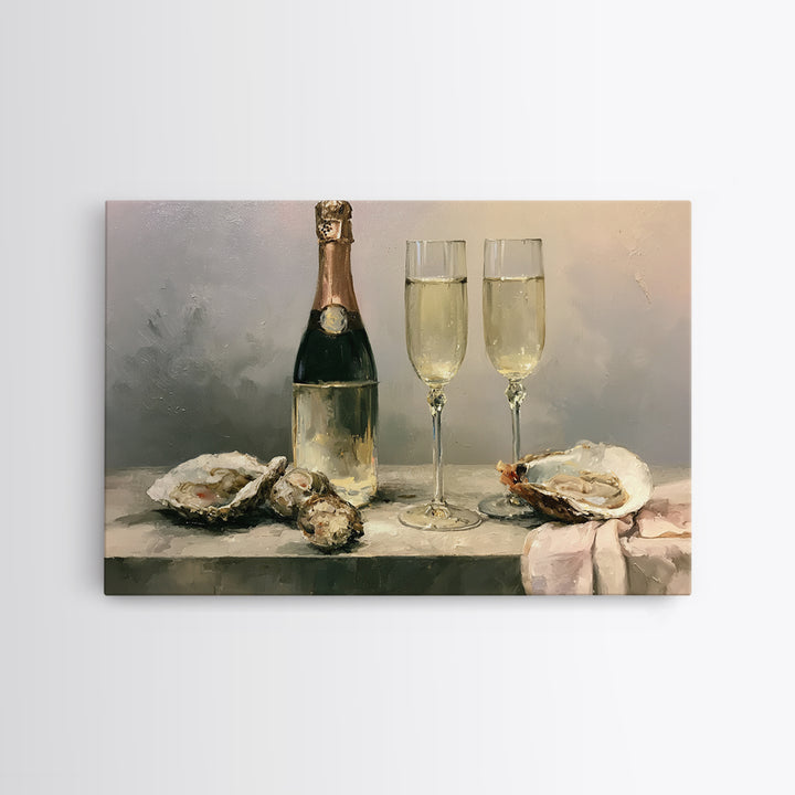Elegant Oyster and Champagne Still Life Framed Canvas Print, Dining Room Art, Living Room Decor, Dining Room Decor, Dining, DRA-3x2-35