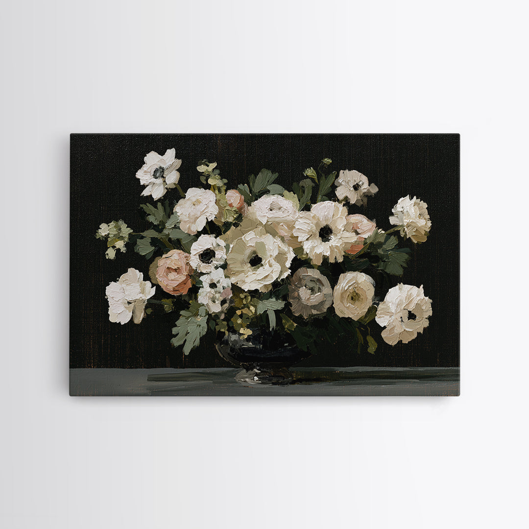 Moody Dark Background Bouquet for Formal Dining Canvas Print, Dining Room Art, 3 Piece Wall Art, Dining Room Decor, Dining, DRA-3x2-39