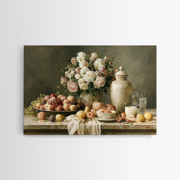 Classic Dutch Feast Arrangement Framed Canvas Print, Dining Room Art, Food Art, Dining Room Decor, Oil Painting, Dining, DRA-3x2-47
