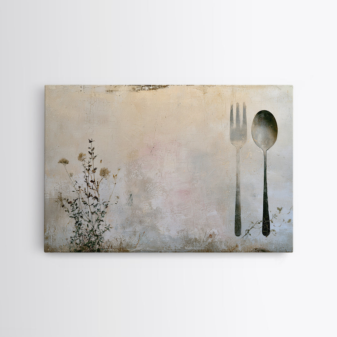 Minimal Fork Spoon and Herb Composition Framed Canvas Print, Dining Room Art, Kitchen Decor, Dining Room Decor, Oil Painting, DRA-3x2-50
