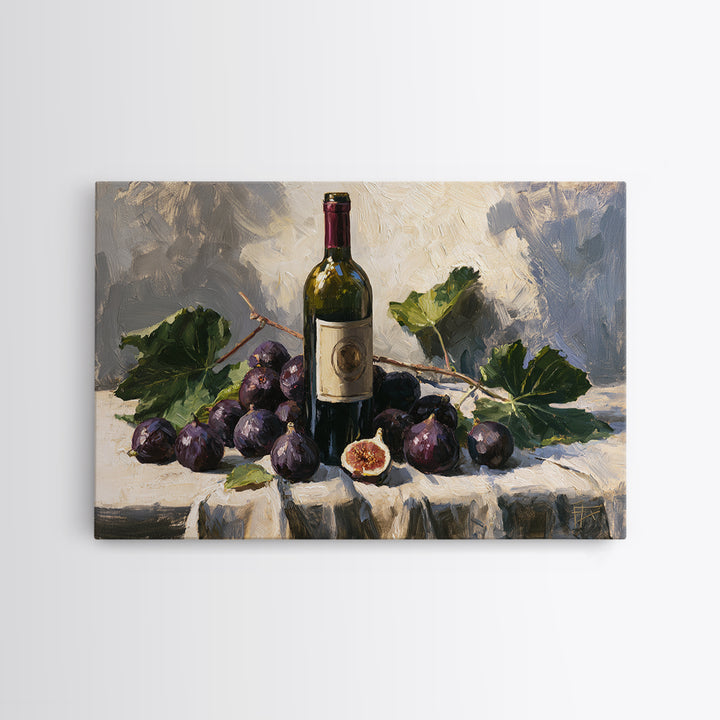 Wine Bottle and Figs on a Linen Framed Canvas Print, Dining Room Art, Boho Decor, Dining Room Decor, Abstract Art, Dining, DRA-3x2-55
