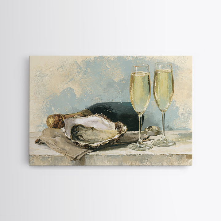 Elegant Oyster and Champagne Still Life Framed Canvas Print, Dining Room Art, Kitchen Prints, Dining Room Decor, Oil Painting, DRA-3x2-59