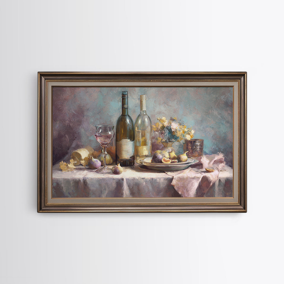 Wine Bottle and Figs on a Linen Framed Canvas Print, Dining Room Art, Statement Artwork, Dining Room Decor, Fine Art, Dining, DRA-3x2-7