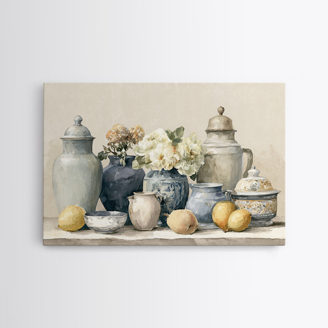 Classic Dutch Feast Arrangement Framed Canvas Print, Dining Room Art, Abstract Art, Dining Room Decor, Watercolor Art, Dining, DRA-3x2-71