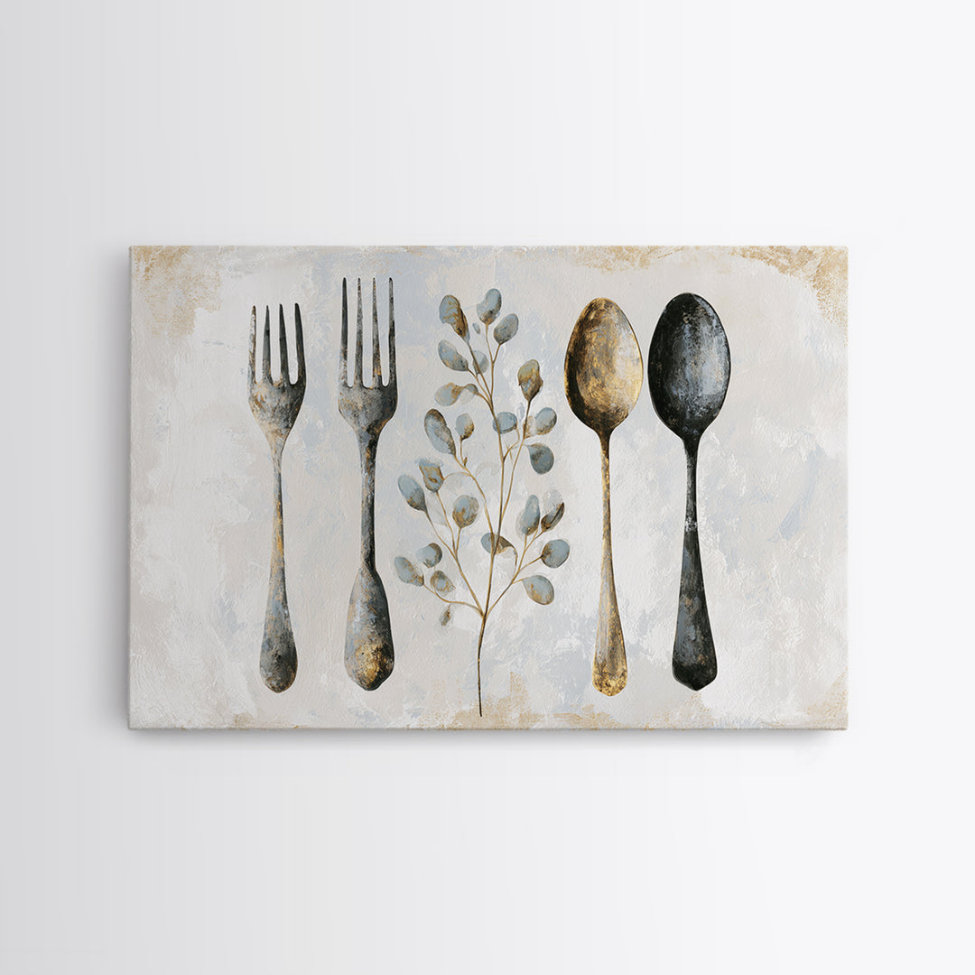 Minimal Fork Spoon and Herb Composition Framed Canvas Print, Dining Room Art, Kitchen Decor, Dining Room Decor, Oil Painting, DRA-3x2-74