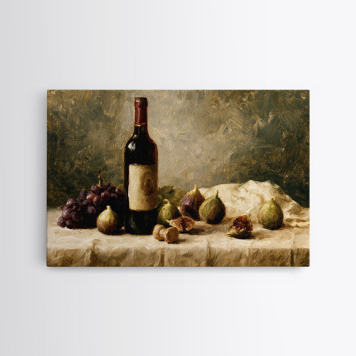 Wine Bottle and Figs on a Linen Framed Canvas Print, Dining Room Art, Kitchen Art, Dining Room Decor, Abstract Art, Dining, DRA-3x2-79