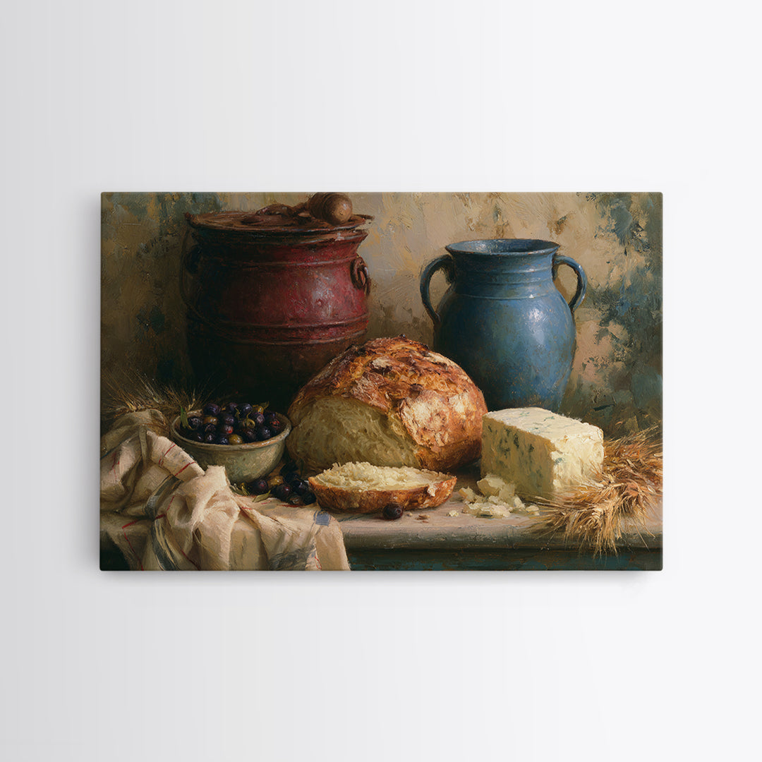 Rustic Bread Olives and Cheese Still Life Canvas Print, Dining Room Art, Watercolor Painting, Dining Room Decor, Dining, DRA-3x2-82