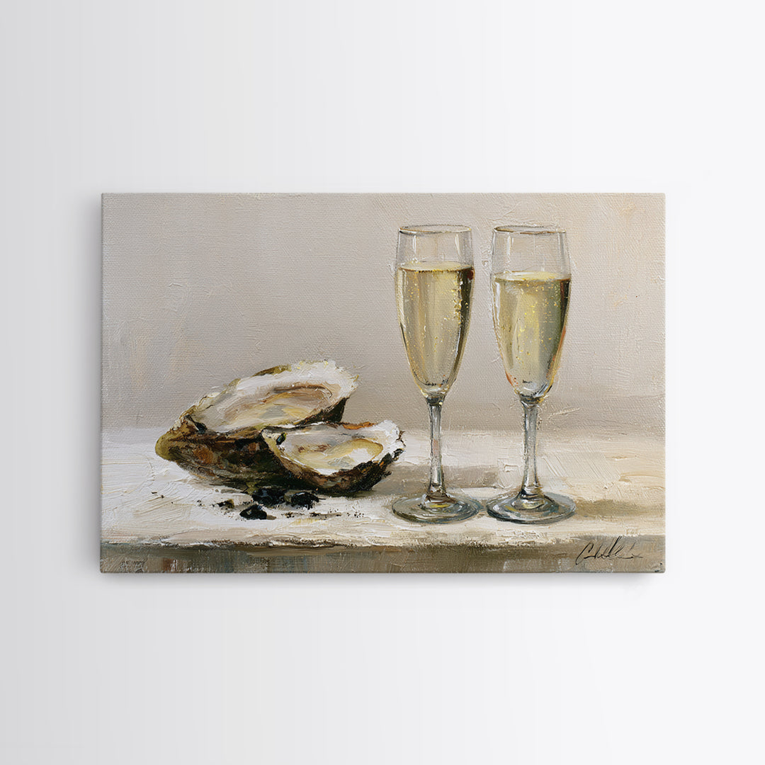 Elegant Oyster and Champagne Still Life Canvas Print, Dining Room Art, Neutral Decor, Dining Room Decor, Fine Art, Dining, DRA-3x2-83