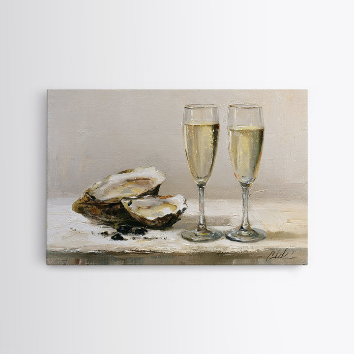 Elegant Oyster and Champagne Still Life Canvas Print, Dining Room Art, Neutral Decor, Dining Room Decor, Fine Art, Dining, DRA-3x2-83