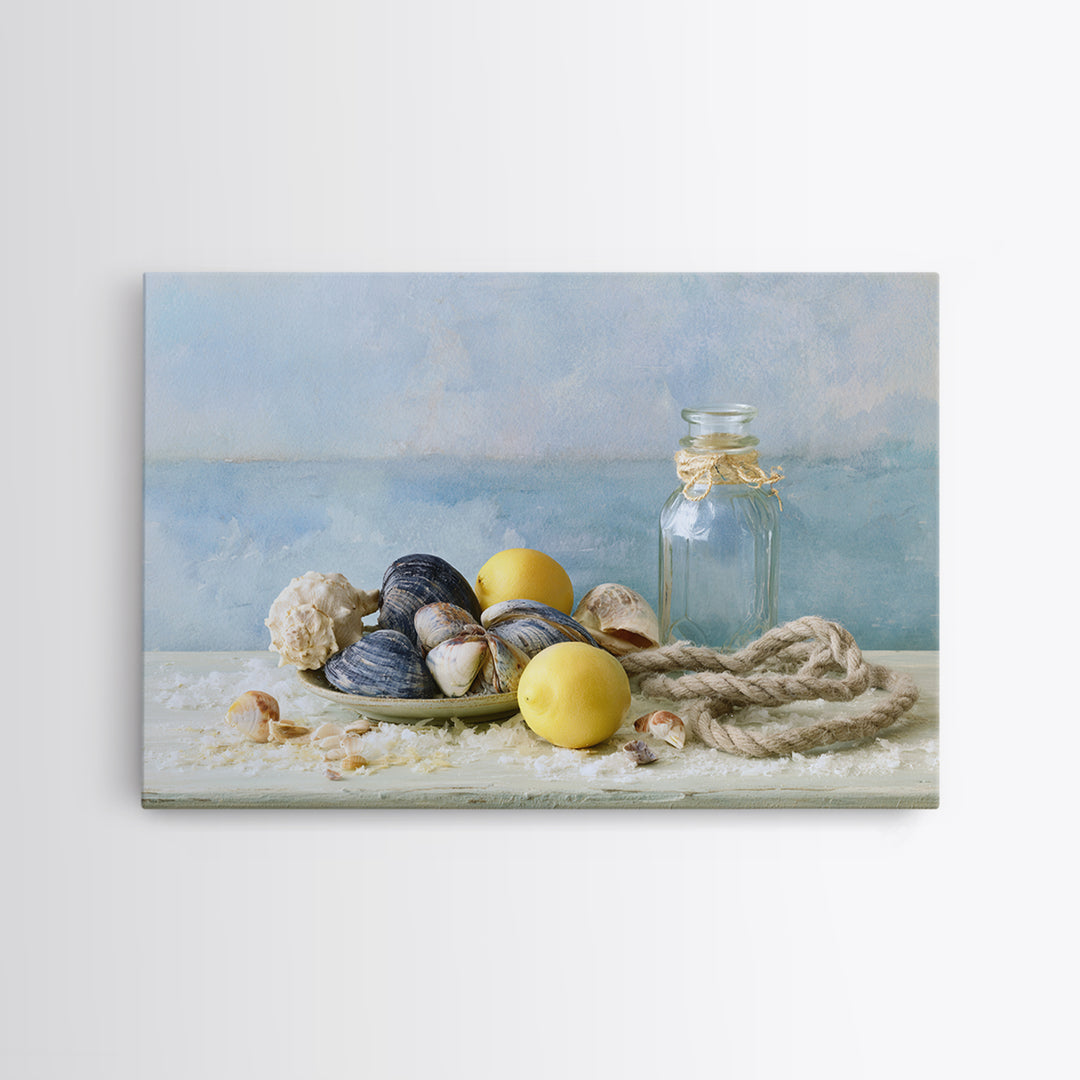 Shellfish and Lemon Still Life Framed Canvas Print, Dining Room Art, Trendy Wall Art, Dining Room Decor, Fine Art, Dining, DRA-3x2-92