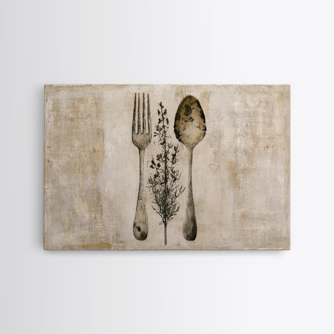 Minimal Fork Spoon and Herb Composition Canvas Print, Dining Room Art, Living Room Decor, Dining Room Decor, Fine Art, Dining, DRA-3x2-98