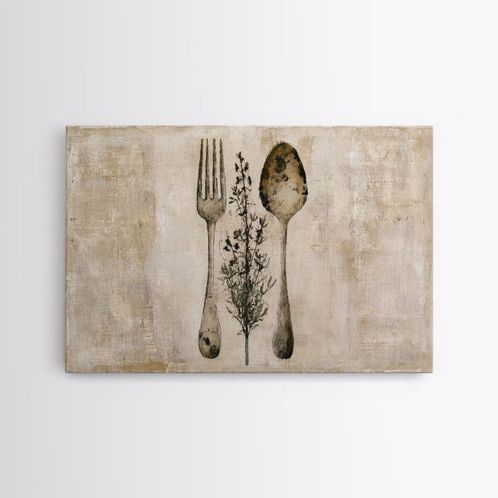 Minimal Fork Spoon and Herb Composition Canvas Print, Dining Room Art, Living Room Decor, Dining Room Decor, Fine Art, Dining, DRA-3x2-98