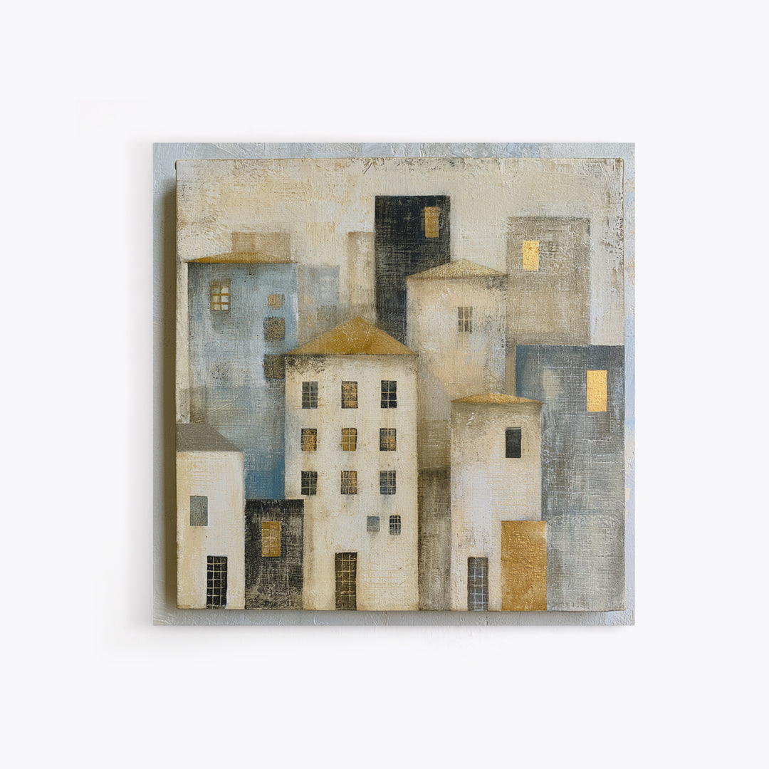 Naive Cityscape with Patterned Windows Framed Canvas Print, Eclectic Art, Art, Living Room Decor, Fine Art, Eclectic, ECL-1x1-12
