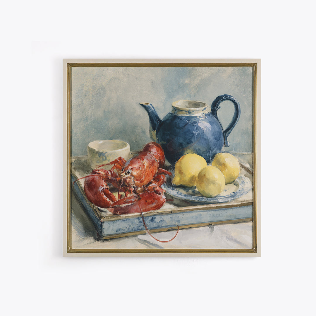 Unexpected Lobster and Lemons Still Life Framed Canvas Print, Eclectic Art, Fine Art Print, Living Room Decor, Abstract Art, ECL-1x1-42