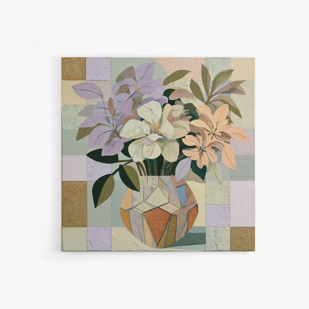 Retro Futurist Vase of Flowers Framed Canvas Print, Eclectic Art, Textured Painting, Living Room Decor, Fine Art, Eclectic, ECL-1x1-58
