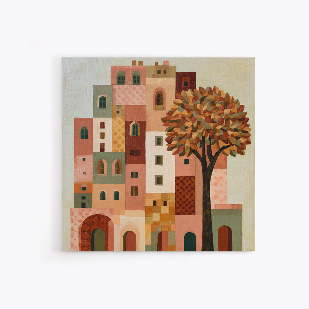 Naive Cityscape with Patterned Windows Canvas Print, Eclectic Art, Portrait, Living Room Decor, Eclectic, Modern Decor, ECL-1x1-60