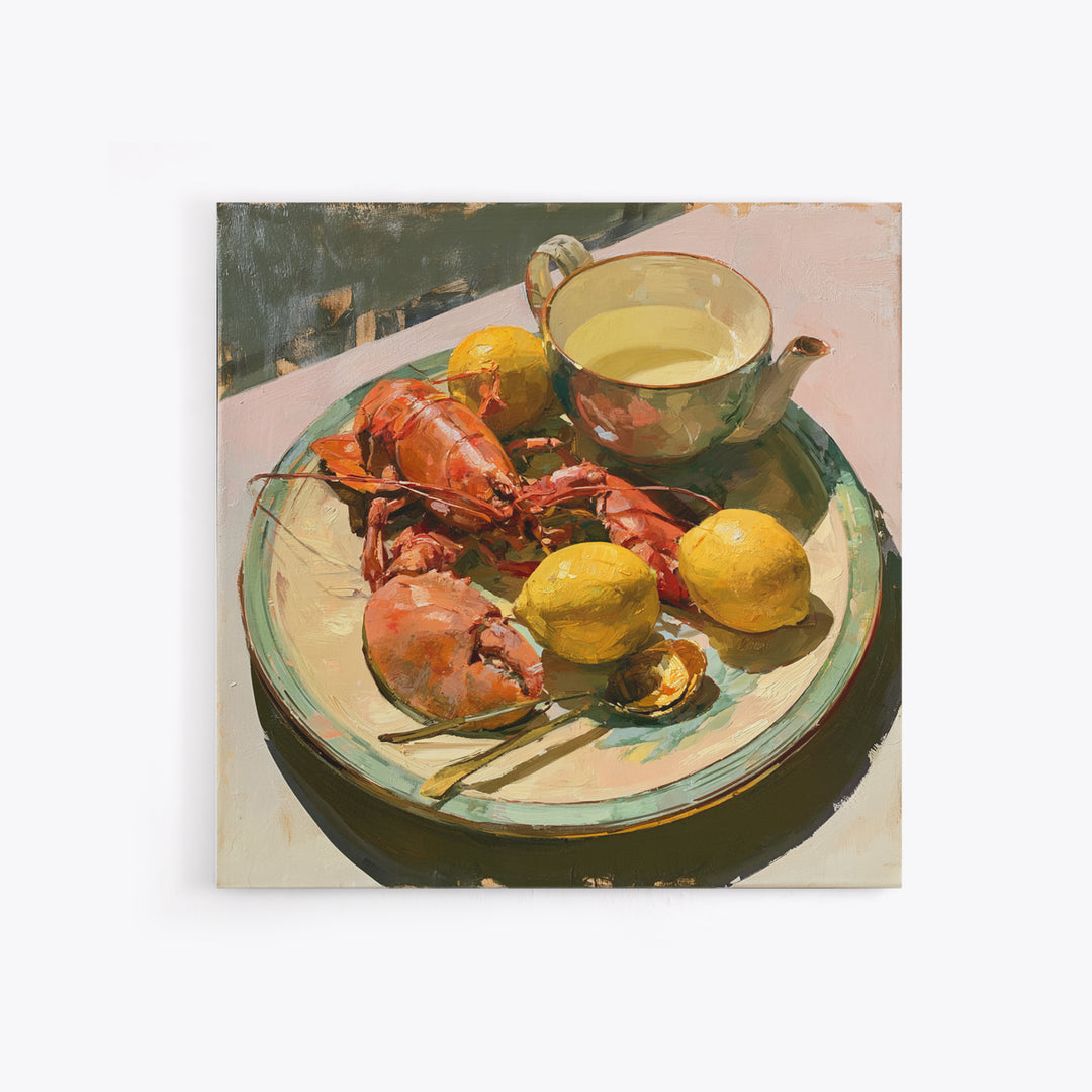 Unexpected Lobster and Lemons Still Life Framed Canvas Print, Eclectic Art, Fine Art Print, Living Room Decor, Abstract Art, ECL-1x1-66