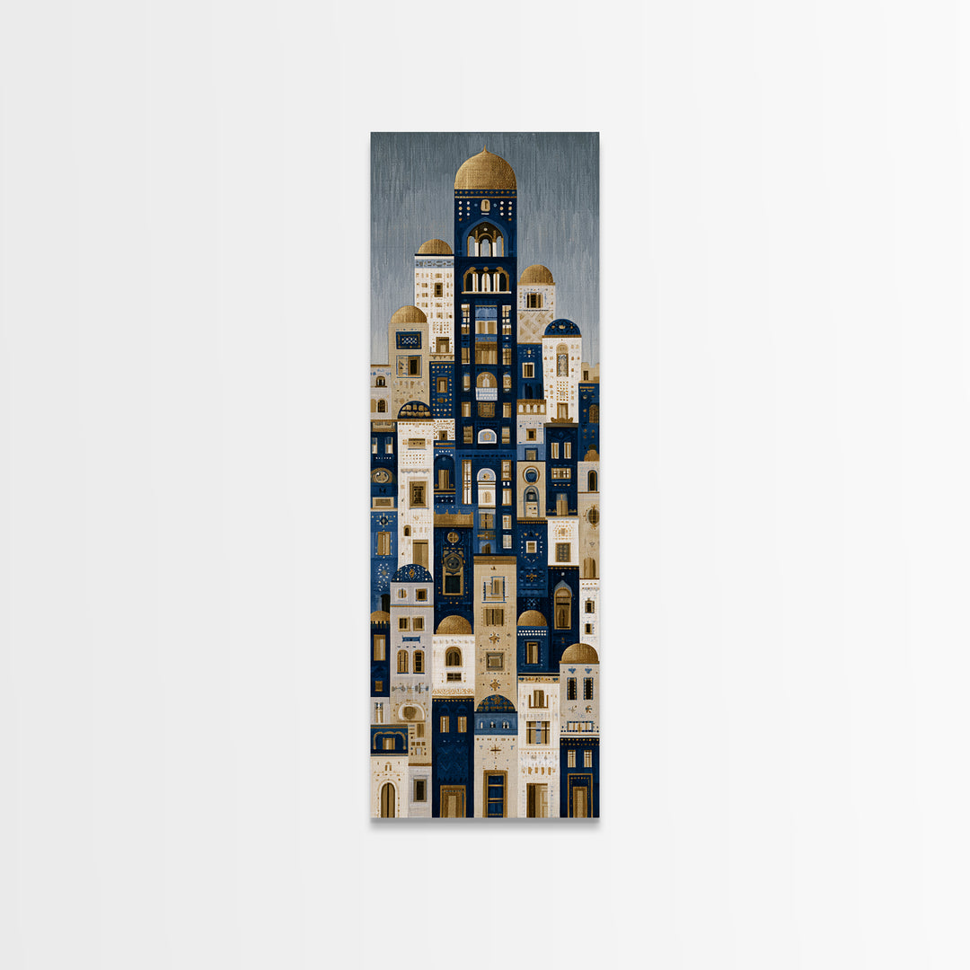 Naive Cityscape with Patterned Windows Framed Canvas Print, Eclectic Art, Portrait, Living Room Decor, Fine Art, Eclectic, ECL-1x3-24