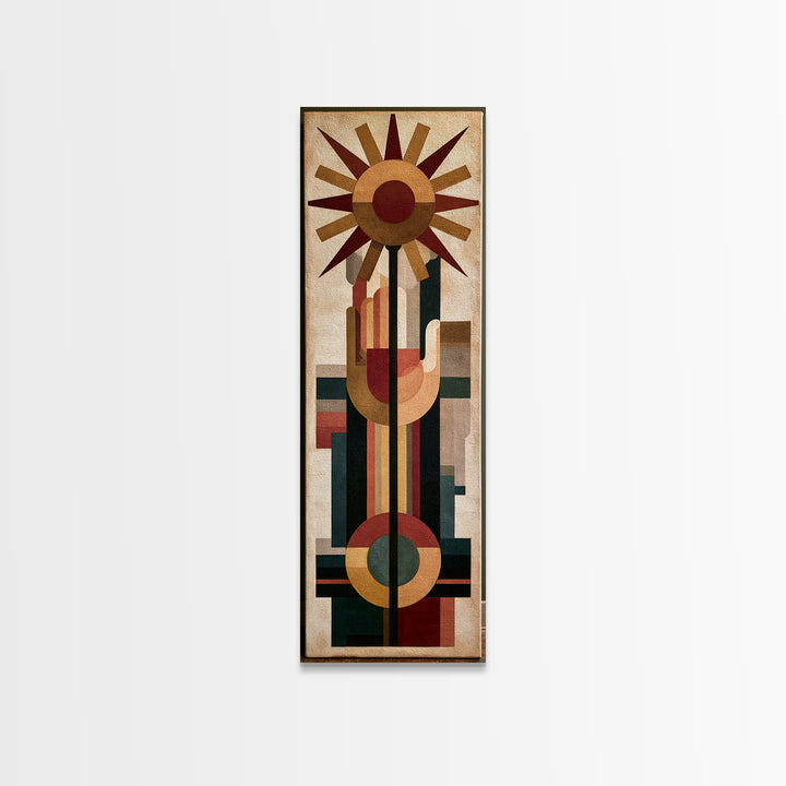 Geometric Sun and Hand Motif Framed Canvas Print, Eclectic Art, Boho Decor, Living Room Decor, Abstract Art, Eclectic, ECL-1x3-3