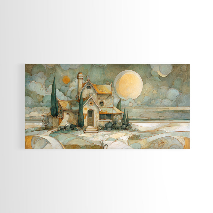 Folk Art House Framed Canvas Print, Eclectic Art, Digital Print, Living Room Decor, Watercolor Art, Eclectic, Fine Art Print, ECL-2x1-51
