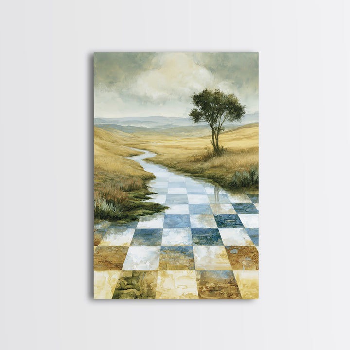 Playful Checkerboard Landscape Framed Canvas Print, Eclectic Art, Dopamine Decor, Living Room Decor, Fine Art, Eclectic, ECL-2x3-17