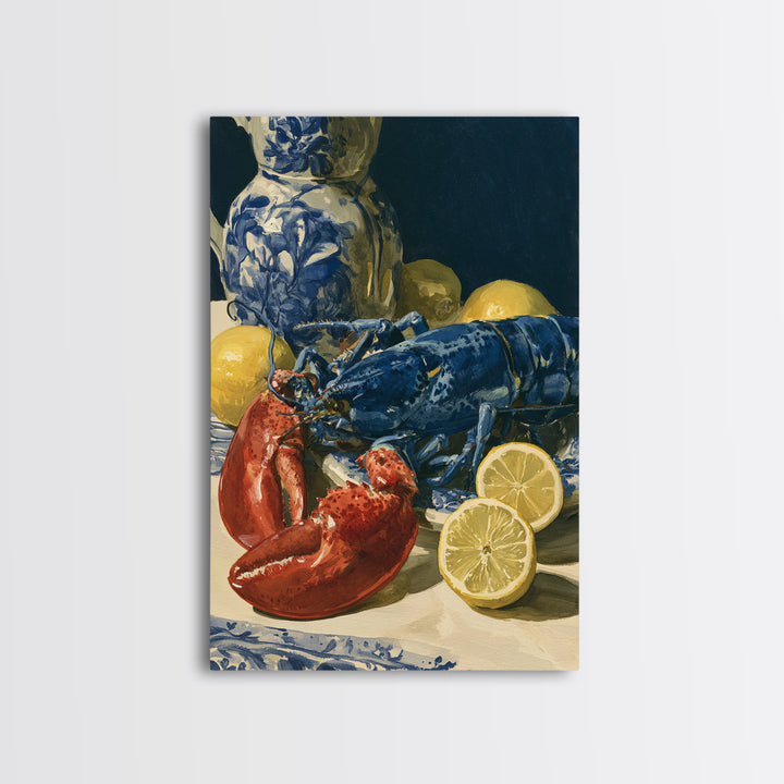 Unexpected Lobster and Lemons Still Life Framed Canvas Print, Eclectic Art, Digital Art, Living Room Decor, Abstract Art, ECL-2x3-2