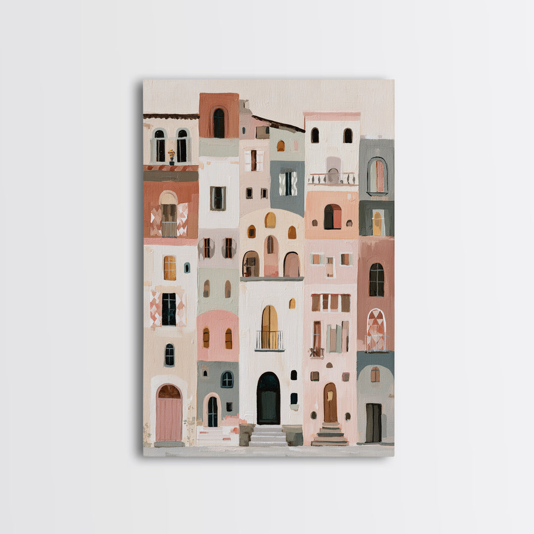 Naive Cityscape with Patterned Windows Framed Canvas Print, Eclectic Art, Neutral Decor, Living Room Decor, Oil Painting, ECL-2x3-20