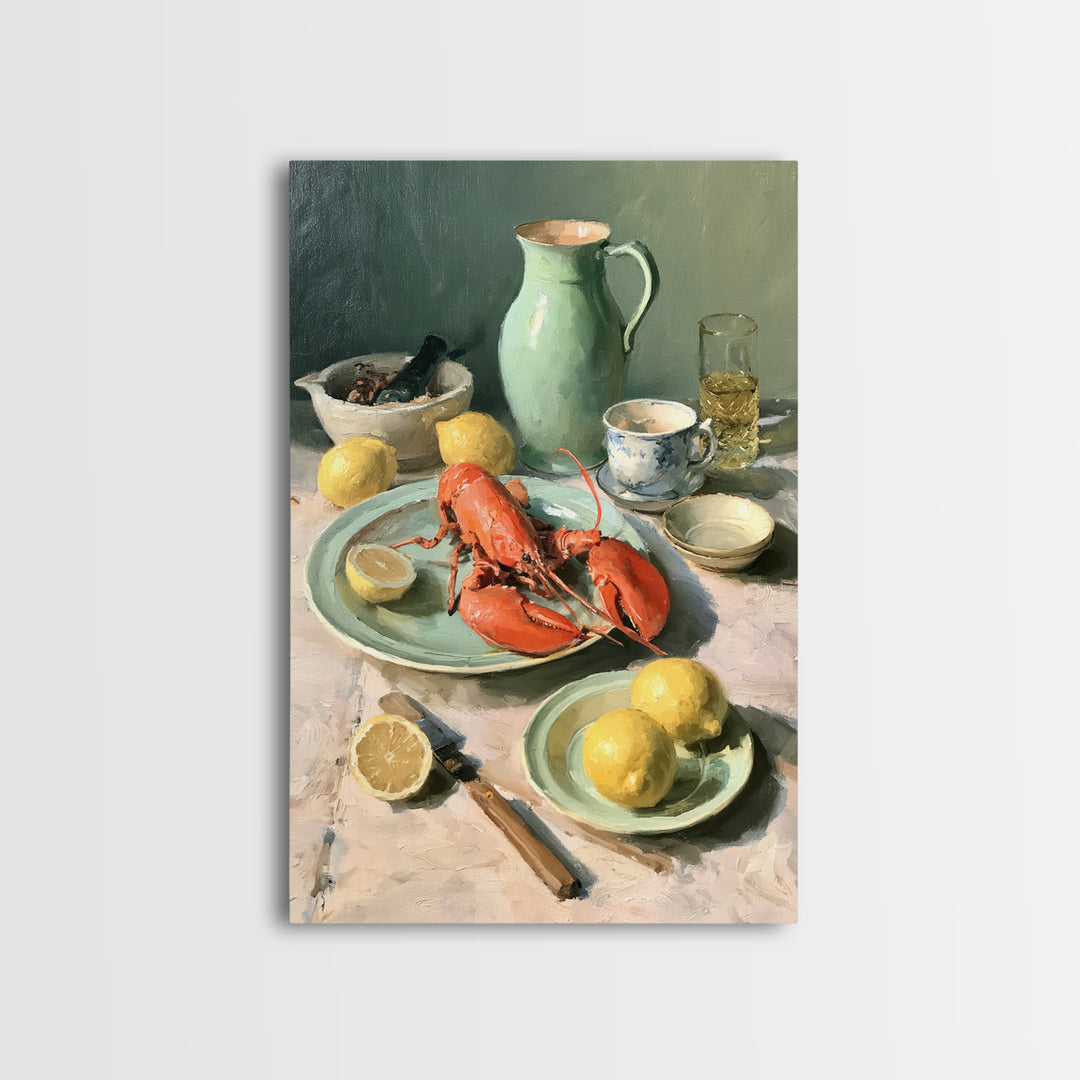 Unexpected Lobster and Lemons Still Life Framed Canvas Print, Eclectic Art, Digital Art, Living Room Decor, Abstract Art, ECL-2x3-26