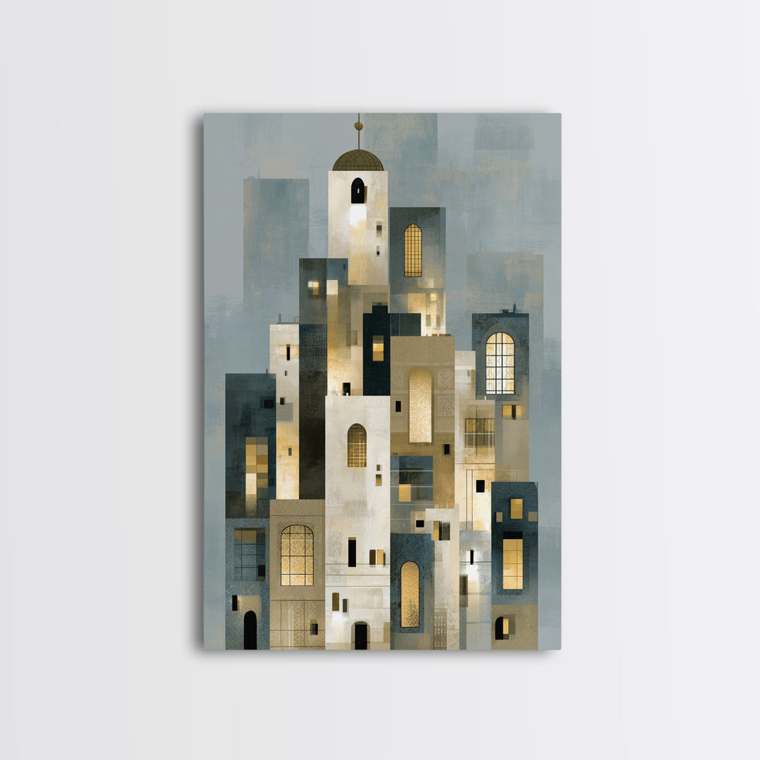 Naive Cityscape with Patterned Windows Framed Canvas Print, Eclectic Art, Living Room Decor, Watercolor Art, Eclectic, ECL-2x3-44