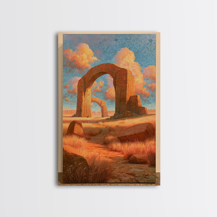 Surreal Desert with Floating Arches Framed Canvas Print, Eclectic Art, Printable, Living Room Decor, Oil Painting, Eclectic, ECL-2x3-6