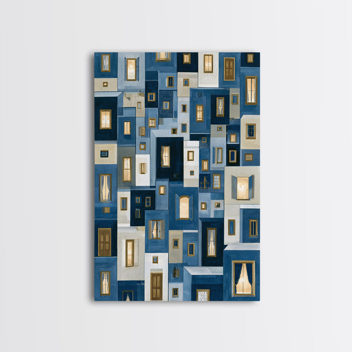 Naive Cityscape with Patterned Windows Framed Canvas Print, Eclectic Art, Luxury Decor, Living Room Decor, Fine Art, Eclectic, ECL-2x3-68