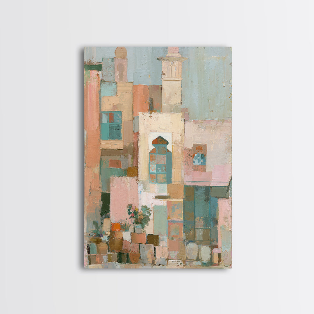 Naive Cityscape with Patterned Windows Framed Canvas Print, Eclectic Art, Original Art, Living Room Decor, Abstract Art, ECL-2x3-92