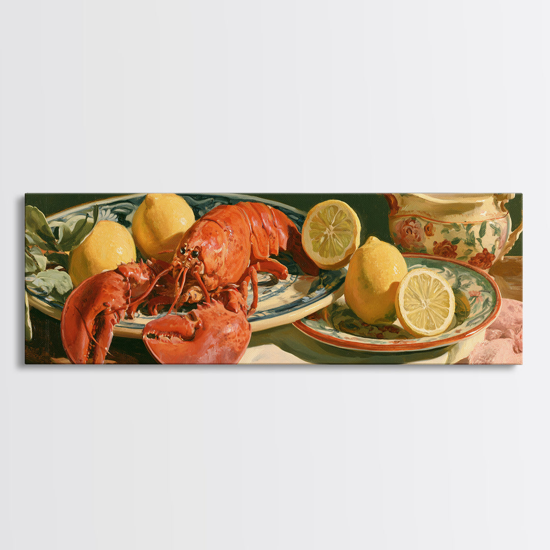 Unexpected Lobster and Lemons Still Life Framed Canvas Print, Eclectic Art, Large Wall Art, Living Room Decor, Eclectic, ECL-3x1-10
