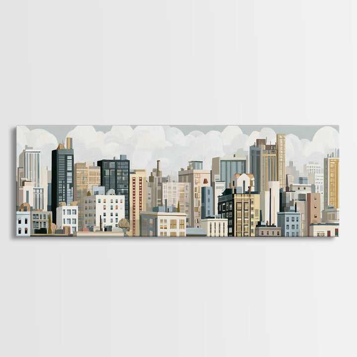 Naive Cityscape with Patterned Windows Canvas Print, Eclectic Art, Oil Painting, Living Room Decor, Abstract Art, Eclectic, ECL-3x1-100
