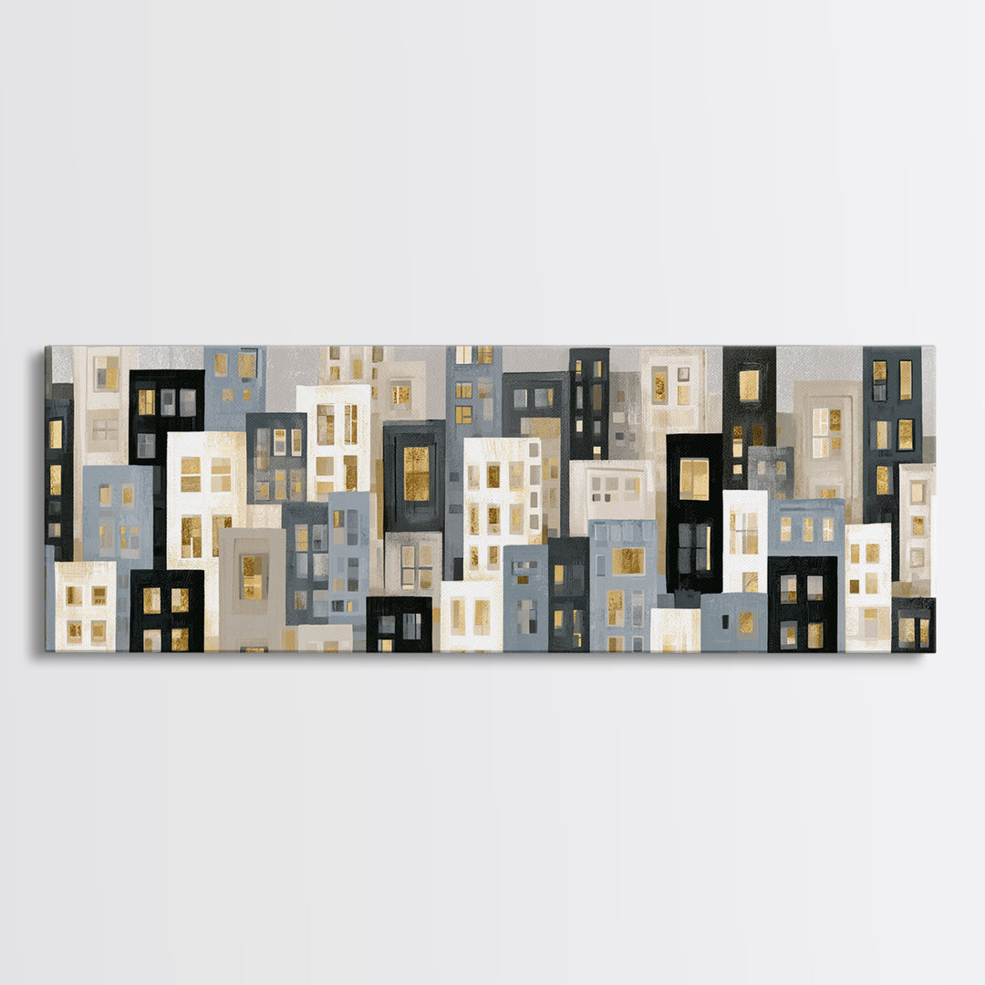 Naive Cityscape with Patterned Windows Framed Canvas Print, Eclectic Art, Gallery Decor, Living Room Decor, Oil Painting, ECL-3x1-28