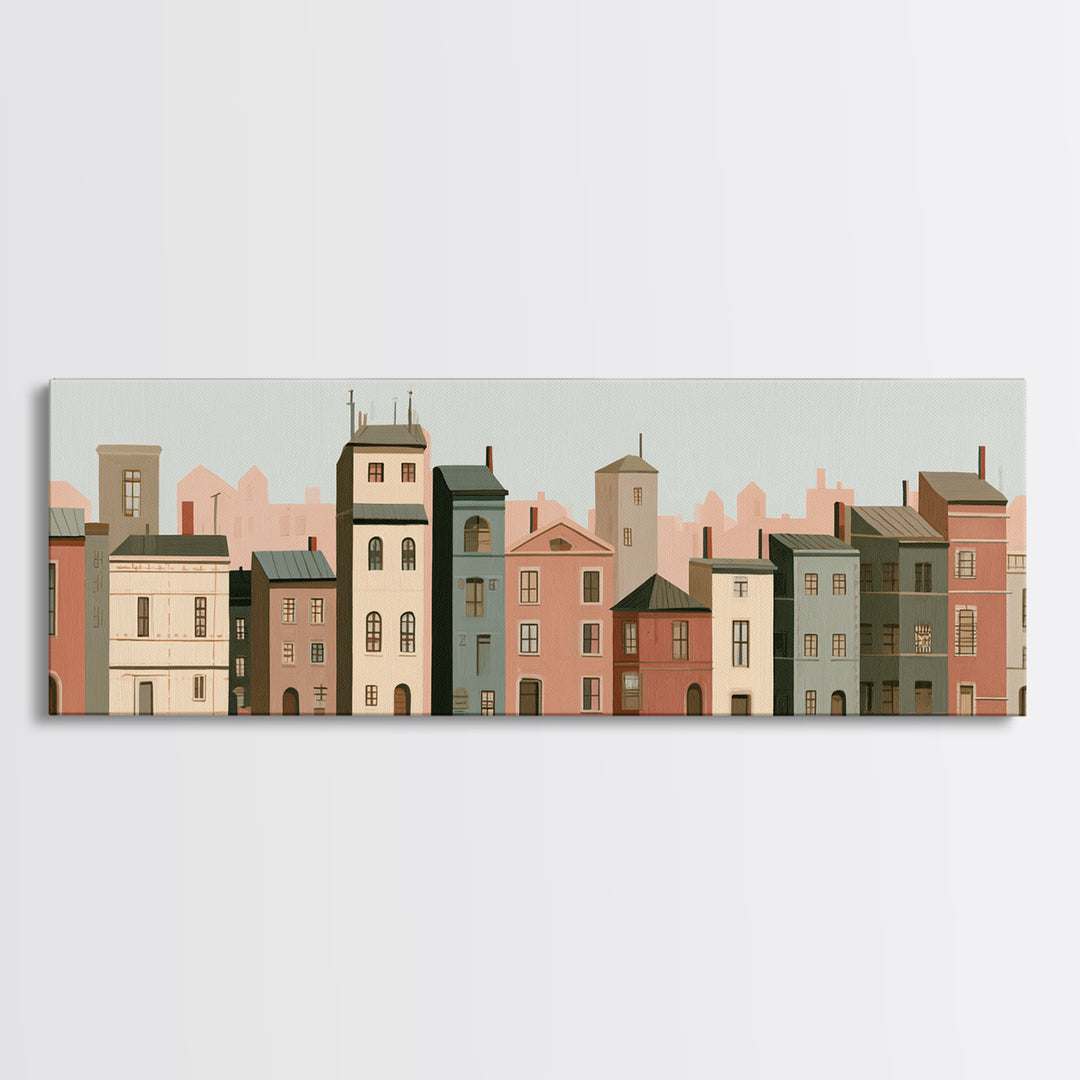 Naive Cityscape with Patterned Windows Canvas Print, Eclectic Art, Living Room Decor, Watercolor Art, Eclectic, ECL-3x1-4