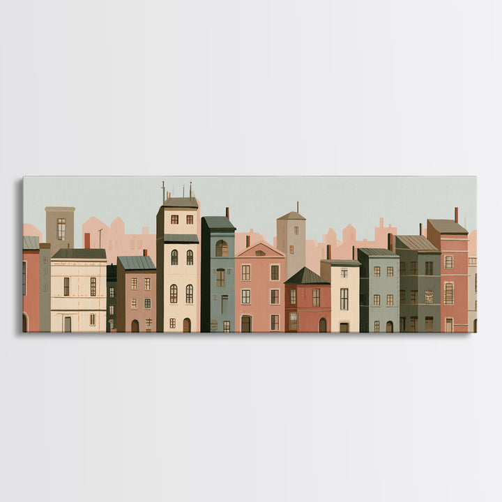 Naive Cityscape with Patterned Windows Canvas Print, Eclectic Art, Living Room Decor, Watercolor Art, Eclectic, ECL-3x1-4
