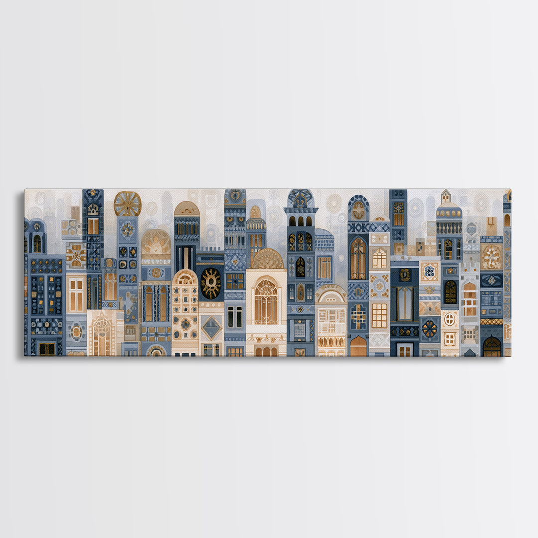 Naive Cityscape with Patterned Windows Framed Canvas Print, Eclectic Art, Home Decor, Living Room Decor, Abstract Art, Eclectic, ECL-3x1-52