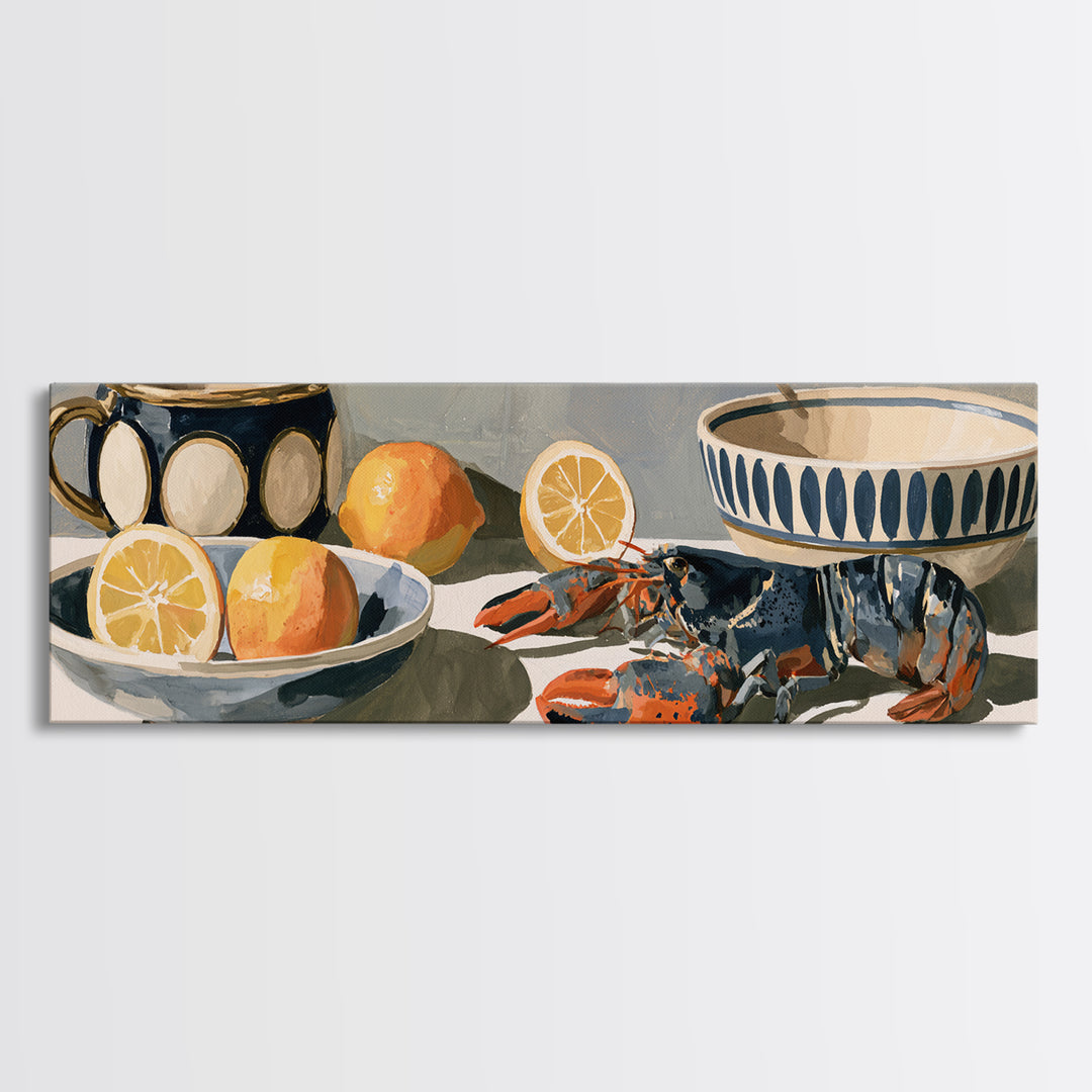 Unexpected Lobster and Lemons Still Life Framed Canvas Print, Eclectic Art, Dopamine Decor, Living Room Decor, Eclectic, ECL-3x1-58