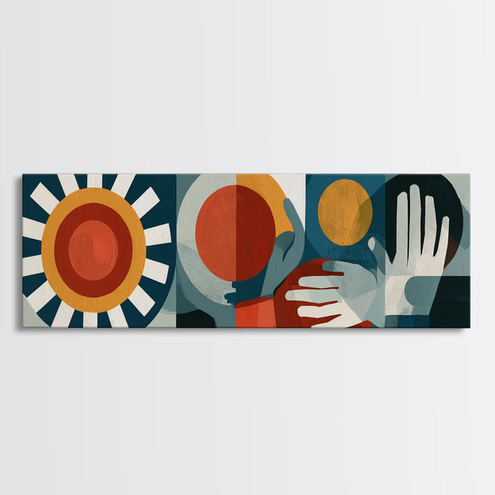 Geometric Sun and Hand Motif Framed Canvas Print, Eclectic Art, Contemporary Art, Living Room Decor, Abstract Art, Eclectic, ECL-3x1-7