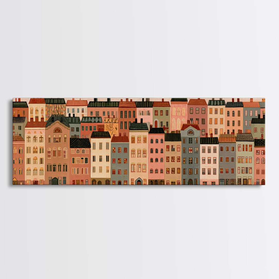 Naive Cityscape with Patterned Windows Canvas Print, Eclectic Art, Art Prints, Living Room Decor, Fine Art, Eclectic, ECL-3x1-76