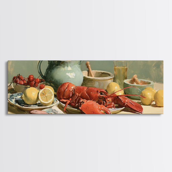 Unexpected Lobster and Lemons Still Life Framed Canvas Print, Eclectic Art, Dopamine Decor, Living Room Decor, Eclectic, ECL-3x1-82