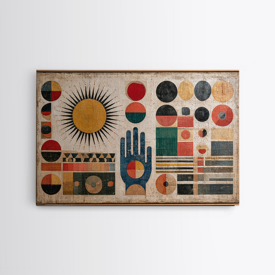 Geometric Sun and Hand Motif Framed Canvas Print, Eclectic Art, Boho, Living Room Decor, Abstract Art, Eclectic, ECL-3x2-19