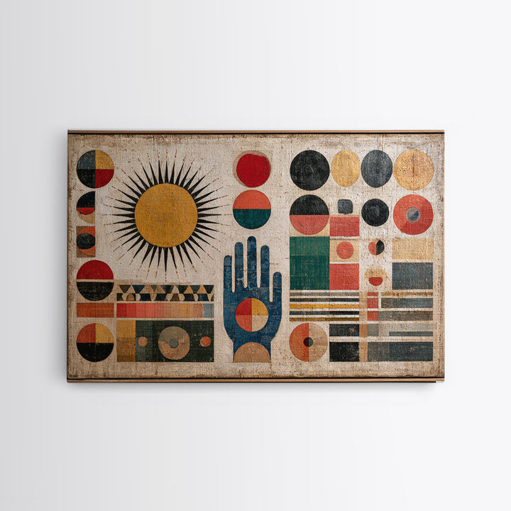 Geometric Sun and Hand Motif Framed Canvas Print, Eclectic Art, Boho, Living Room Decor, Abstract Art, Eclectic, ECL-3x2-19