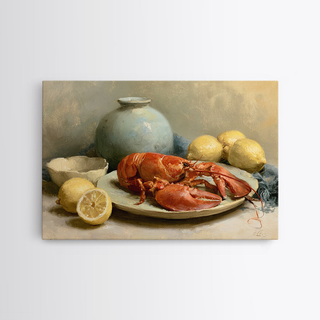 Unexpected Lobster and Lemons Still Life Canvas Print, Eclectic Art, Boho Wall Art, Living Room Decor, Oil Painting, Eclectic, ECL-3x2-22